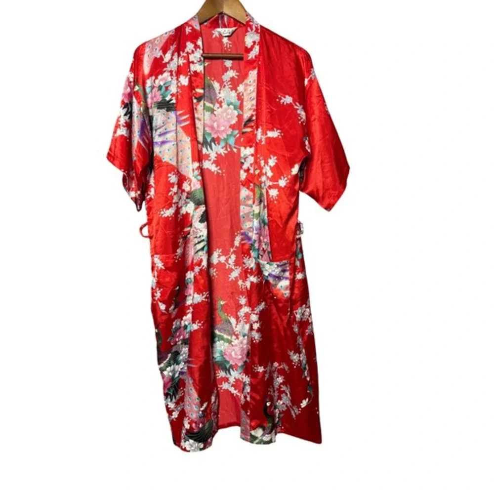 Tian Bao‎ Gong Unisex Medium Red Peacock Floral Short Sleeve Kimono Robe Resort